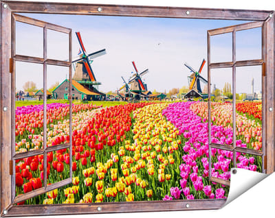 Gards Tuinposter Doorkijk Kleurrijke Tulpen Bloemenveld - Windmolen - 120x80 cm - Tuindoek - Tuindecoratie - Wanddecoratie buiten - Tuinschilderij