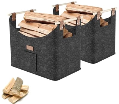 2-delige brandhoutmand - Houten mand voor haardhout - Duurzaam en veelzijdig - Tot 40 kg - 50 x 32 x 40 cm - Donkergrijs