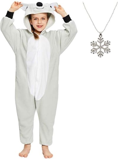 Onesie Koala huispak jumpsuit kostuum kinderen grijs- 104-110 (3-4 jaar) met ketting verkleedkleding jurk
