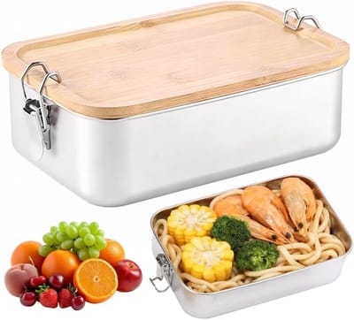 Roestvrijstalen Bento Box - Lekvrije Lunchbox van 1400 ml met Houten Deksel voor Volwassenen en Kinderen - Ideaal voor School, Picknicks en Reizen