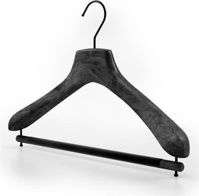 [Set van 10] Premium massieve zwart marmer kledinghangers / garderobehangers / kostuumhangers met zwart fluwelen broeklat, extra brede schouders en voorzien van een luxe draaibare zwarte haak