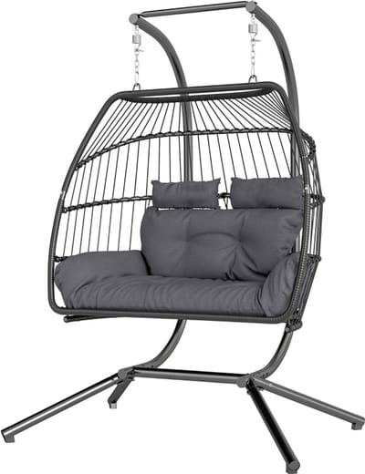 Hangstoel Met Frame Opvouwbaar 2 Personen Donkergrijs Polyrattan 170x100x185cm Hängeschaukel Ergonomisch Met Kussen Balkon Terras Tuin Klapbaar Belastbaar 260kg Rattan Hängestuhl Schommelstoel Outdoor Comfortabel