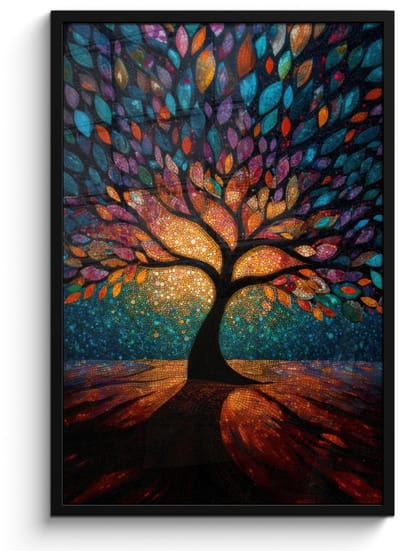 Poster in lijst - Fotolijst 60x90 cm - Posters - Mozaïek - Kleurrijk - Boom - Takken - Posterlijst zwart - Decoratie - Wanddecoratie woonkamer - Muurdecoratie slaapkamer
