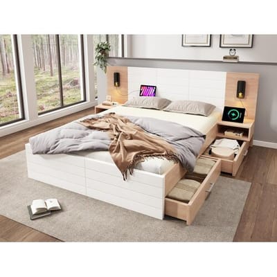 ModernLuxe Tweepersoonsbed 140x200 cm in hout - met 2 nachtkastjes en 2 lades - 2 draaibare leeslampjes met USB-aansluiting - Wit & Naturel (matras