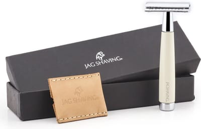 Jag Shaving Dubbele Rand Veiligheidsscheermes - In Lederen Hoes - Wit