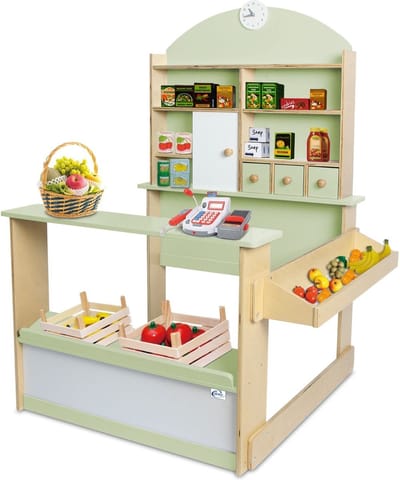 Coemo Kinderwinkel Lilly houten kraam met 3 laden kast klok toonbank (mintgroen)