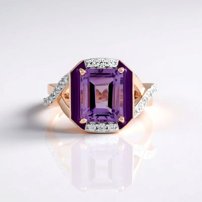 Cavill - Ring 925 Sterling Zilver Roségoud Verguld - 3,15 ct Lavendel Amethist & Cambodjaanse Zirkonen - Achthoekig Design - Luxe Vrouwensieraad