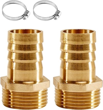 Hose grommet 1 inch met messing schroefaansluiting, 1 inch AG x 25 mm, slangverbinding, plugadapter en 2 slangklemmen voor optimale waterafvoer