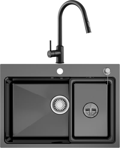 Auralum max Spoelbak voor keuken 68x48CM Antraciet - Enkele spoelbakken Met Keukenkraan - Met Korf, Zeepdispenser en Afvoerset - Voor 80 cm Kast