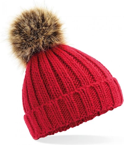Gebreide wintermuts rood grof/chunky met pompon voor meisjes