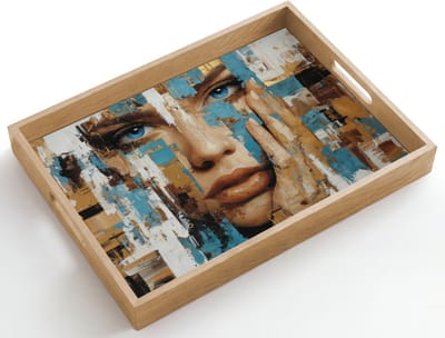 Dienblad hout 50x35 cm - Schootdienblad - Abstract - Penseelstreken - Blauw - Gezicht - Borrelplank rechthoek - Plateau dienbladen
