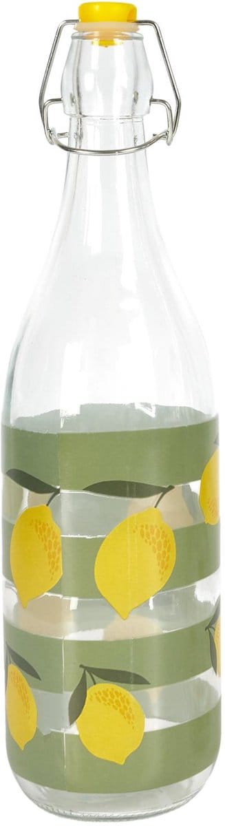 Glazen Beugelfles 1 Liter – Herbruikbare Waterfles met Citroenprint en Groene Strepen – Met Gele Beugelsluiting – Fles voor Water, Limonade, Sap – Zomer Design – BPA-vrij