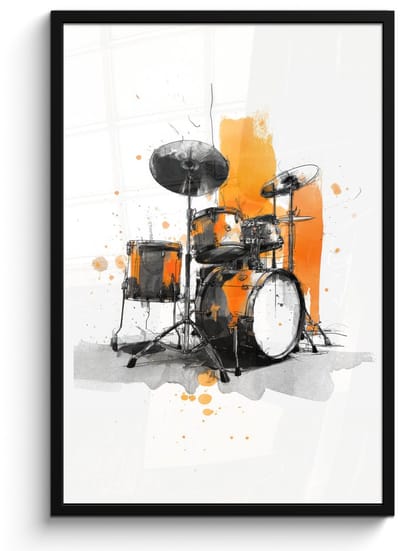 Poster in lijst - Fotolijst 60x90 cm - Posters - Drumstel - Oranje - Zwart - Aquarelverf - Posterlijst zwart - Decoratie - Wanddecoratie woonkamer - Muurdecoratie slaapkamer
