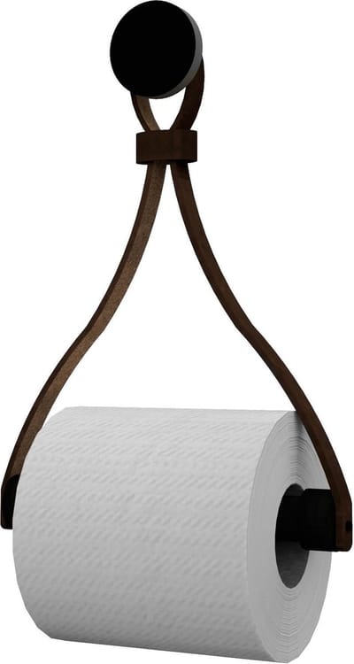 Leren toiletrolhouder 'Triangle' - met Zuignap én schroef - Handles and more® | DONKERBRUIN - roldrager: Zwart rondhout - knop: Zwart