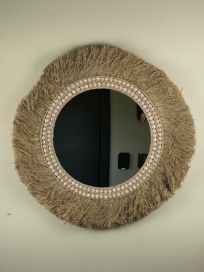 Blitzdeco - Wandspiegel - Melissa - 70cm - Raffia & Cowrie Schelpen - Beige/Wit