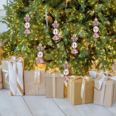 Glinsterende Kerstboomdecoraties - Hangende Ballen in Snoepvorm van 8.5 cm voor Feest en Thuisversiering in Roze Goud