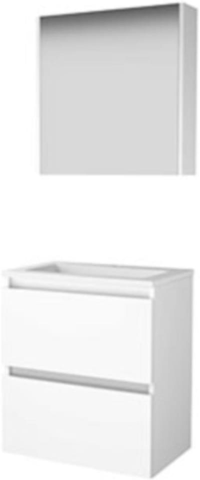Basic-Line Comfort 39 Badkamermeubelset - Ondiep - 60 x 39 cm - Greeploos - 2 Lades - Acryl Wastafel - 1 Kraangat - Spiegelkast - Ice White
