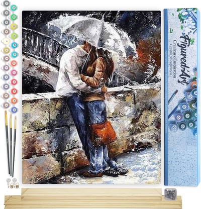 Figured'Art Schilderen op Nummer Volwassenen canvas Koppel in de regen - Handwerk acrylverf Kit DIY Compleet - 40x50cm met DIY houten lijst