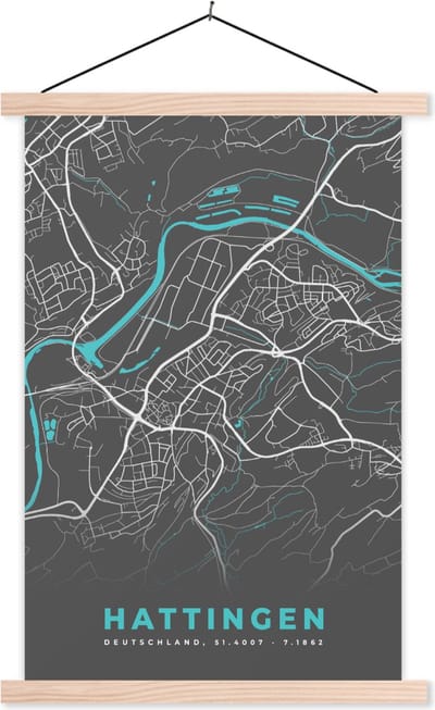 Posterhanger incl. Poster 40x60 cm - Schoolplaat - Hattingen – Stadskaart – Blauw – Plattegrond – Stadskaart – Kaart - Duitsland - Textielposter - Blanke latten - Stadskaart
