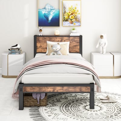 Bedframe - 90x200 cm - Hoofdbord met Opbergruimte - Geluidsarm - Metaal - Vintage Bruin