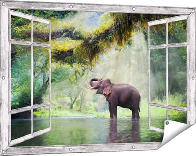 Gards Tuinposter Doorkijk Vrolijke Olifant in het Water - 120x80 cm - Tuindoek - Tuindecoratie - Wanddecoratie buiten - Tuinschilderij
