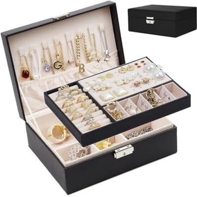 Sieradenbox Organizer Groot - 2 Lagen Sieraden Opslagdoos met Slot - PU Leer - Reis Sieraden Pouch voor Dames en Meisjes - Zwart