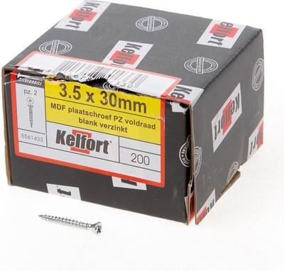 Kelfort MDF plaatschroef platverzonken kop pozidriv verzinkt voldraad 3.5 x 30mm