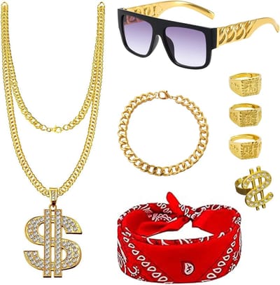Hip Hop Kostuum Accessoires Set van 8 Stukken voor Cosplay, Carnaval en Themafeesten met Dollar Symbolen en Retro Mode voor Mannen en Vrouwen