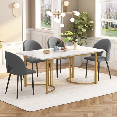 MODFU - 5-Delige Eethoek - Marmerlook Tafelblad En Verstelbare Poten - Modern - Voor Keuken - Fluweel, MDF, Metaal - Grijs - 140 x 80 cm