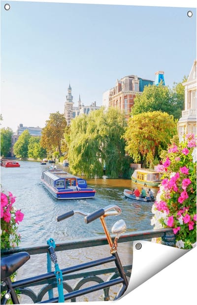 Gards Tuinposter Amsterdamse Kanaal met Bloemen - 60x80 cm - Tuindoek - Tuindecoratie - Wanddecoratie buiten - Tuinschilderij