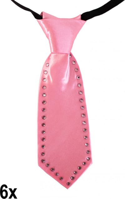 6x Mini stropdas roze met strass stenen 20cm - Festival thema feest pride fun party