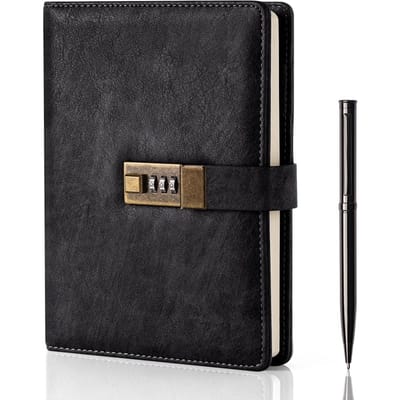 TOVBMUP Afsluitbaar notitieboek - A5 PU-leren afsluitbare agenda - 200 pagina's - Dagboek geschikt voor volwassenen - Vintage slot - Inclusief pen en geschenkdoos - Unisex - 22 x 15,2 cm - Zwart