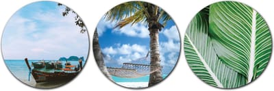 Forex Muurcirkel Set -  Set Hangmat op het Strand - Set van 3 Wandcirkels met Ophangsystemen - 35x35x35