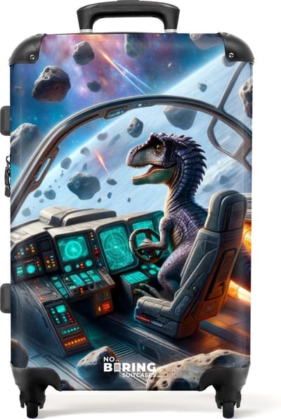 NoBoringSuitcases.com® - Kinderkoffer jongen - Dino in een raket - Kindertrolley jongens - Koffer kind groot - Rolkoffer lichtgewicht - Reiskoffer met 4 wielen - Grote trolley XL - 20 kg bagage