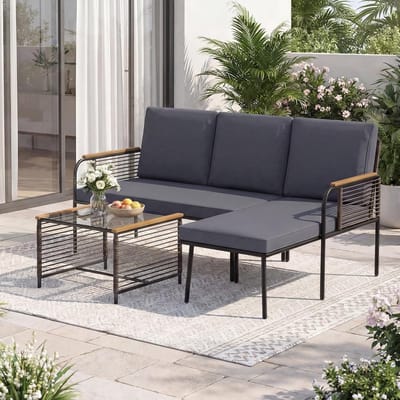 tuinmeubelset 3-delig L-vorm 166 x 118 x 78 cm – Polyrotan Loungeset met Tafel en Kussens – Weerbestendige Balkon & Terras Meubels met Glazen Blad – Grijs – Urbanhome
