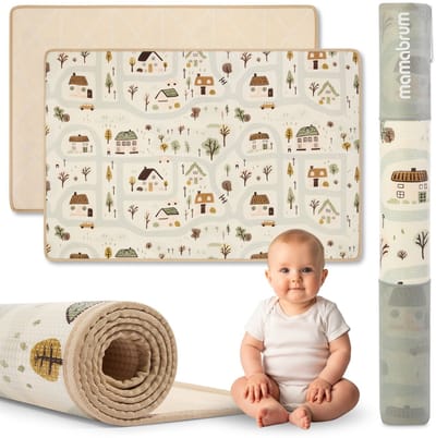 Mamabrum Dubbelzijdige Speelmat van Schuim 180x120 cm – XPE Speelkleed voor Baby’s en Kinderen – Stadje / Zandbeige