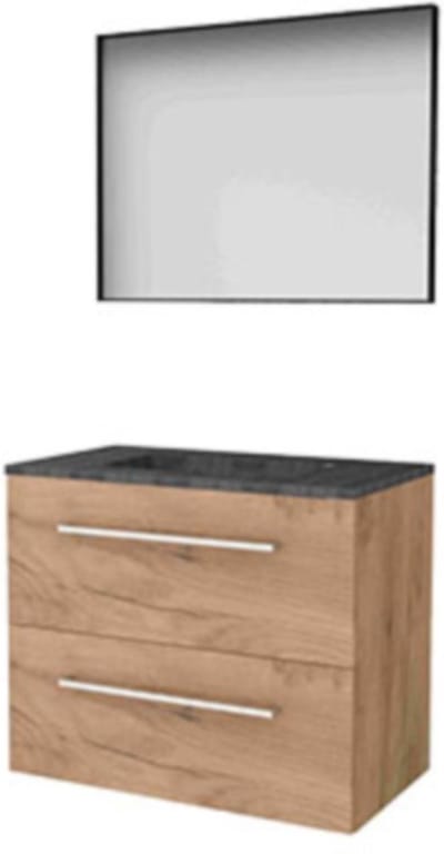 Basic-Line Framed 46 Badkamermeubelset - 80 x 46 cm - Met Grepen - 2 Lades - Hardstenen Wastafel - 1 Kraangat - Spiegel met Zwart Aluminium Frame - Whisky Oak