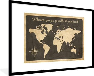 Poster in lijst - Fotolijst 120x80 cm - Posters - Wereldkaart - Kompasroos - Quote - Posterlijst zwart - Decoratie - Wanddecoratie woonkamer - Muurdecoratie slaapkamer