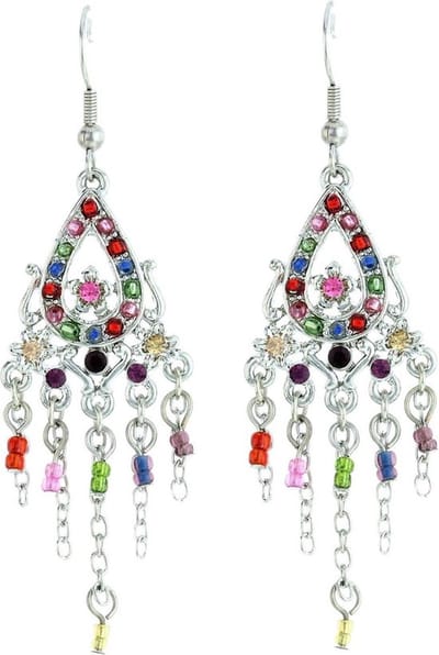 Behave - Zilverkleurige oorbellen met druppelvormige hanger en multicolor steentjes - 7 cm