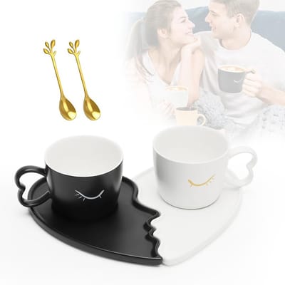 Koffiemokken Set voor Stellen, Keramische Theekopjes met Schotels, Perfect Cadeau voor Verjaardag, Valentijnsdag en Huwelijk