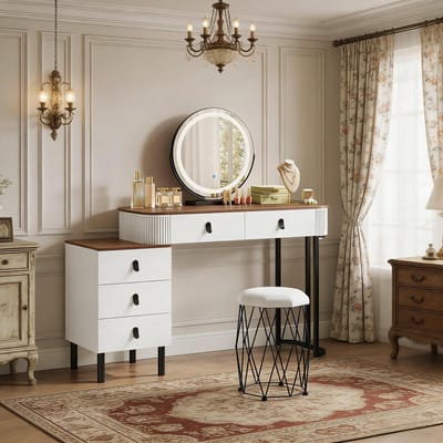 MODFU Kaptafel Met LED-Spiegel En 5 Laden - Modern - Met Hocker En Zijkast - Wit En Bruin - 125 x 40 x 100 cm
