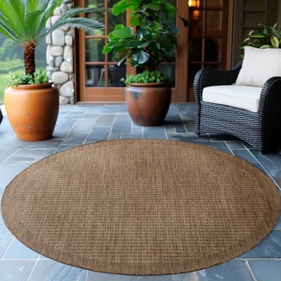 Flycarpets Riza Rond Binnen & Buitenkleed Bruin - Laagpolig Tuintapijt - Kader Motief - 120 cm