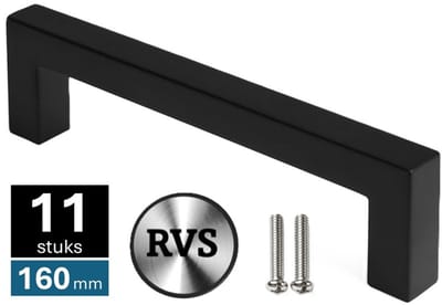 11 X MSQDESIGN Handgrepen RVS zwart - Boormaat 160mm - zwarte Handgreep voor Keuken & Kast - Moderne Meubelgreep - Keukengreep Mat zwart -Kastgrepen- zwarte Greepjes Keuken - zwarte RVS Handvatten - Deurgreepjes -incl schroeven