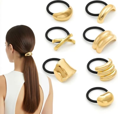 Set van 7 Elastische Haarbanden voor Dames - Sterke, Comfortabele en Stijlvolle Haaraccessoires voor Dikke Haarstijl (Goud)