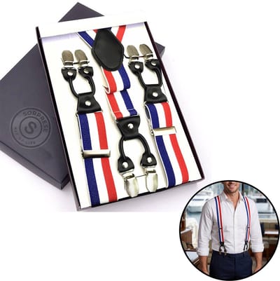 Sorprese - Luxe Chique Bretels - Nederland Rood/Wit/Blauw - Zwart Leer - 6 Stevige Clips - Bretels Heren Volwassenen - Inclusief Cadeaudoos