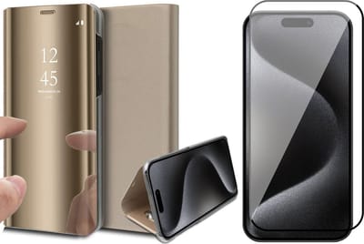 Hoesje geschikt voor iPhone 15 Pro - Screen Protector FullGuard - Book Case Spiegel Goud & Screenprotector