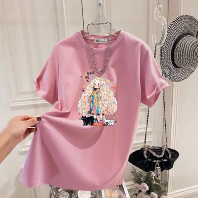 Nieuwe Zomer Koreaanse Stijl Kat Modieus Meisje Grote Versie Los Katoen Wit T-shirt met Korte Mouwen voor Dames Middellang XXXL pink