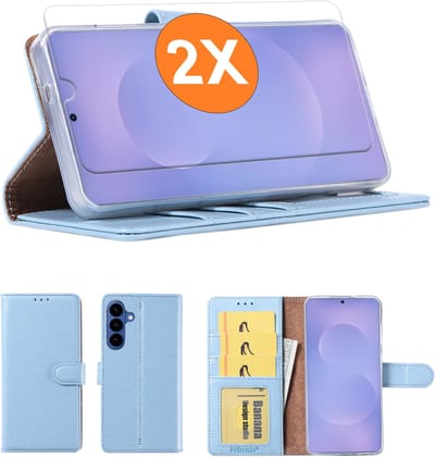 Hoesje geschikt voor Samsung Galaxy A37 5G hoesje Blauw pasjeshouder telefoon hoes - Met screenprotector tempered glass voor Galaxy A37 5G - 2x