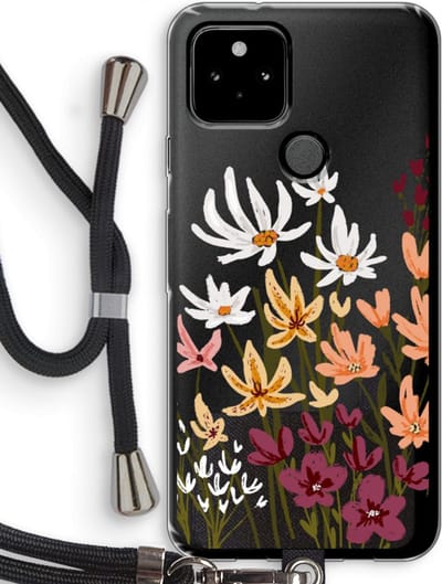 Case Company® - Hoesje met koord geschikt voor Google Pixel 5 hoesje met Koord - Painted wildflowers - Telefoonhoesje met Zwart Koord - Bescherming aan alle Kanten en Over de Schermrand