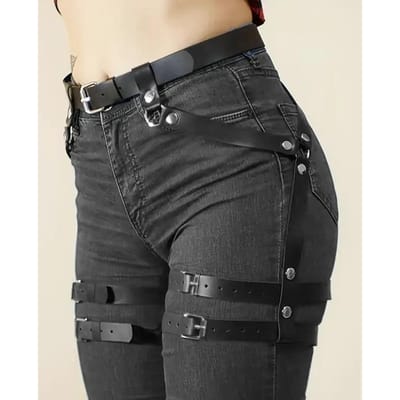 Modieuze Dames PU Leer Been Harnas Lichaamsharnas Borst Punk Gotische Been Kousenbanden Tailleband Kleding Accessoire gray